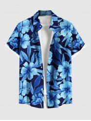 Chemise hawaïenne grande taille à imprimé floral et feuilles, boutons et poche pour homme - Bleu Ciel 6XL