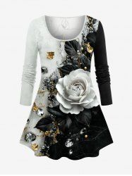 T-shirt à manches longues grande taille imprimé rose et diamant pour la Saint-Valentin - Noir S