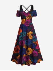 Plus Size Valentine's Day Colorful Rose Flowers Print Cold Shoulder Crisscross Maxi Dress -  