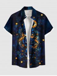 Plus Size Valentine's Day Rose Flower Galaxy Moon Print Buttons Pocket Shirt For Men -  