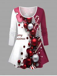 Plus Size Christmas Tree Ball Candy Colorblock Print Long Sleeves T-shirt -  