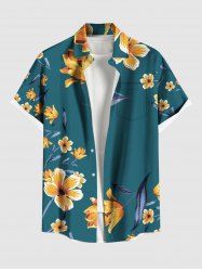 Plus Size Flower Leaf Branch Print Hawaii Button Pocket Shirt For Men -  