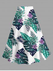 Plus Size Tropical Leaf Hibiscus Flower Print Hawaii Split A Line Skirt -  