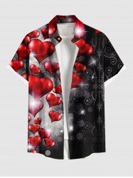 Plus Size Glitter Heart Balloon Print Valentines Button Pocket Shirt For Men -  