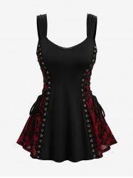 Plus Size Lace-up Grommets Flowers Flocking Lace Trim Vintage Tank Top -  