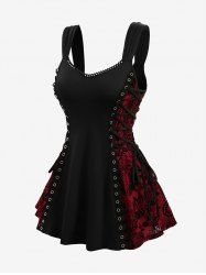 Plus Size Lace-up Grommets Flowers Flocking Lace Trim Vintage Tank Top -  