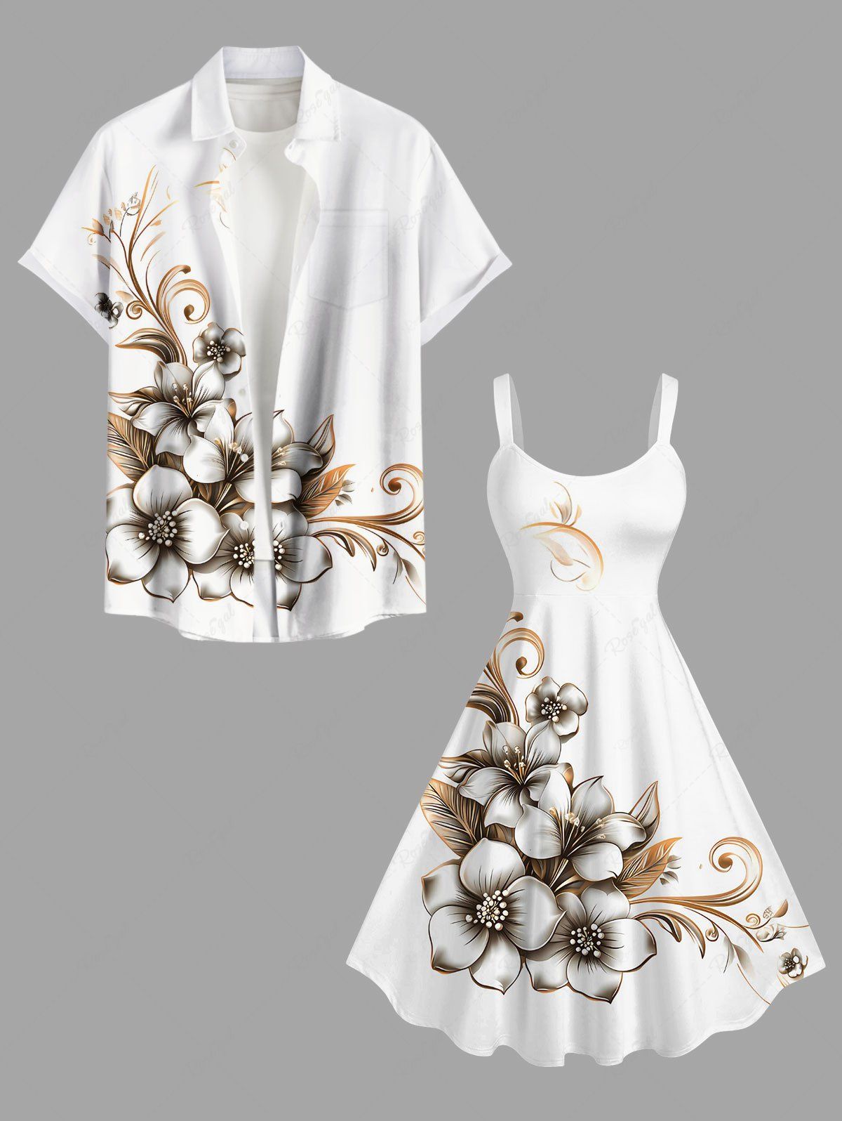 New Flowers Leaf Print Plus Size Matching Hawaii Beach Outfit For Couples  
