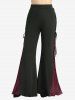 Cherry Embroidery Twsit Lace-up Flare Sleeve Top and Pleated Patchwork Flare Pants Plus Size Outfit -  