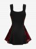 Plus Size Lace-up Grommets Flowers Flocking Lace Trim Vintage Tank Top -  