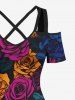 Plus Size Valentine's Day Colorful Rose Flowers Print Cold Shoulder Crisscross Maxi Dress -  