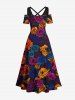 Plus Size Valentine's Day Colorful Rose Flowers Print Cold Shoulder Crisscross Maxi Dress -  