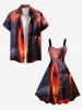 Robe trapèze grande taille à imprimé hawaïen, motif cocotier et paillettes, voilier et maison. - Rouge XS