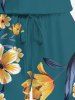 Plus Size Flower Leaf Branch Print Hawaii Drawstring Pocket Romper -  