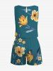 Plus Size Flower Leaf Branch Print Hawaii Drawstring Pocket Romper -  