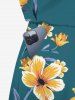 Plus Size Flower Leaf Branch Print Hawaii Drawstring Pocket Romper -  