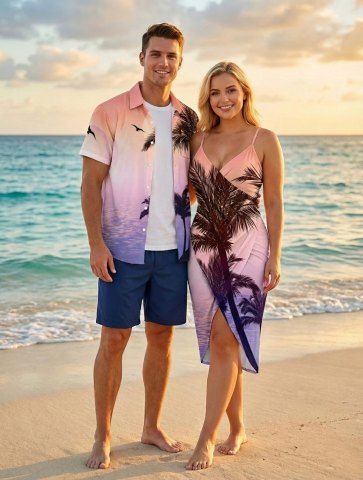 Coconut Tree Seascape Ombre Print Plus Size Matching Hawaii Beach Outfit For Couples