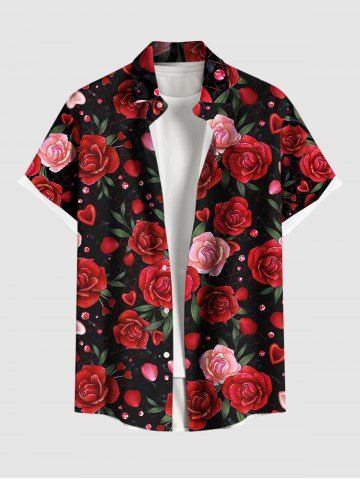 Plus Size Valentine's Day Rose Flowers Heart Print Buttons Pocket Shirt For Men - RED - 6XL