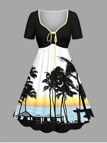 Plus Size Coconut Tree Ombre Sky Seascape Print Cinched Hawaii Dress - BLACK - 5X
