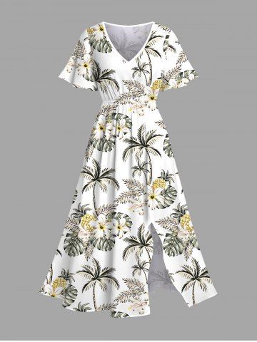 Plus Size Hibiscus Flower Coconut Tree Pineapple Print Split Hawaii Midi Dress - WHITE - XXS