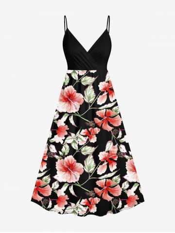 Plus Size Hibiscus Flowers Leaf Print Surplice Hawaii Cami Dress - BLACK - XS
