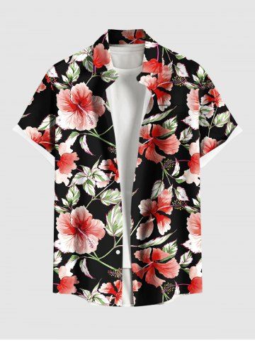 Plus Size Hibiscus Flowers Leaf Print Buttons Pocket Hawaii Shirt For Men - BLACK - L