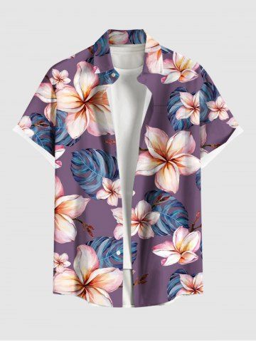 Plus Size Flowers Leaf Print Buttons Pocket Hawaii Shirt For Men - PURPLE - S