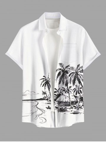 Plus Size Coconut Tree Seascape Print Buttons Pocket Hawaii Shirt For Men - WHITE - 6XL