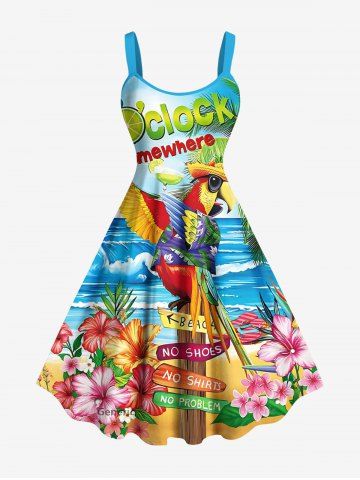 Plus Size Coconut Tree Hibiscus Flowers Parrot Seascape Print Hawaii Tank Dress - SKY BLUE - 6X