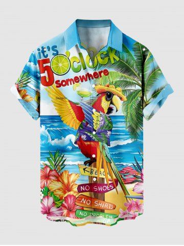 Plus Size Coconut Tree Hibiscus Flowers Parrot Seascape Print Buttons Pocket Hawaii Shirt For Men - SKY BLUE - 6XL