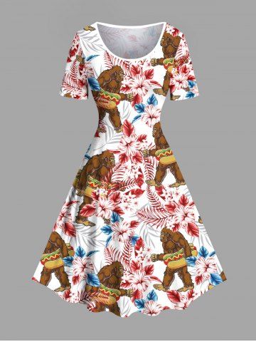 Plus Size Gorillar Hot Dog Hibiscus Flowers Print Hawaii Vintage - RED - M