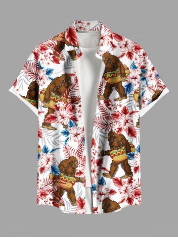 Plus Size Gorillar Hot Dog Hibiscus Flowers Print Buttons Pocket Hawaii Shirt For Men - RED - L