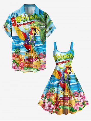 Coconut Tree Hibiscus Flowers Parrot Seascape Print Plus Size Matching Hawaii Beach Outfit For Couples - SKY BLUE