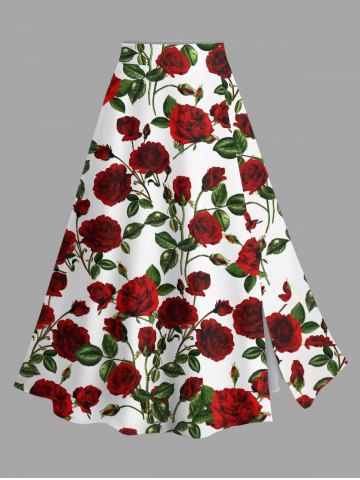 Plus Size Valentine's Day Rose Flowers Leaf Print Split Skirt - WHITE - 6X
