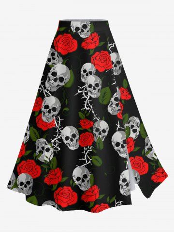 Plus Size Valentine's Day Rose Flowers Skulls Print Split Skirt - BLACK - 6X