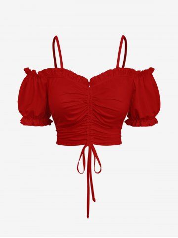 Plus Size Cinched Ruched Ruffles Cold Shoulder Cami Top - RED - L