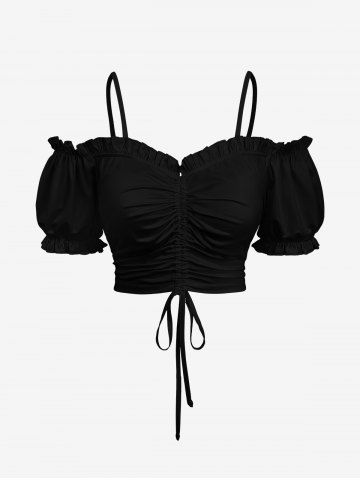 Plus Size Cinched Ruched Ruffles Cold Shoulder Cami Top - BLACK - 5X