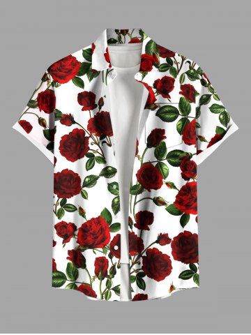 Plus Size Valentine's Day Rose Flowers Leaf Print Buttons Pocket Shirt For Men - RED - 3XL
