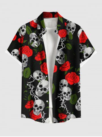 Plus Size Valentine's Day Rose Flowers Skulls Print Buttons Pocket Shirt For Men - BLACK - 4XL
