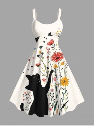 Robe débardeur hawaïenne grande taille à imprimé chat, fleurs et papillons - WHITE - XS