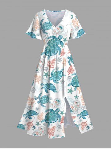 Plus Size Turtle Paisley Flowers Leaf Starfish Print Split Hawaii Midi Dress - WHITE - M
