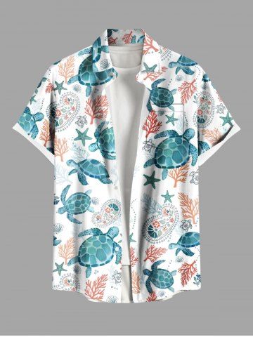 Plus Size Turtle Paisley Flowers Leaf Starfish Print Buttons Pocket Hawaii Shirt For Men - WHITE - XL