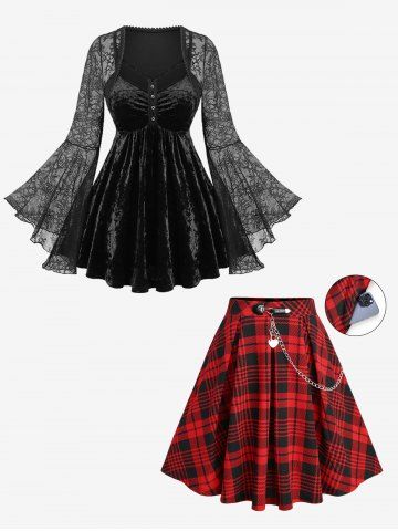 Ensemble composé d&#39;un haut à bretelles en velours gaufré et d&#39;une jupe trapèze à poche chaîne en forme de cœur à carreaux - BLACK