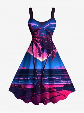 Plus Size Coconut Tree Sea Ombre Heart Print Hawaii Valentines A Line Dress - BLUE - S