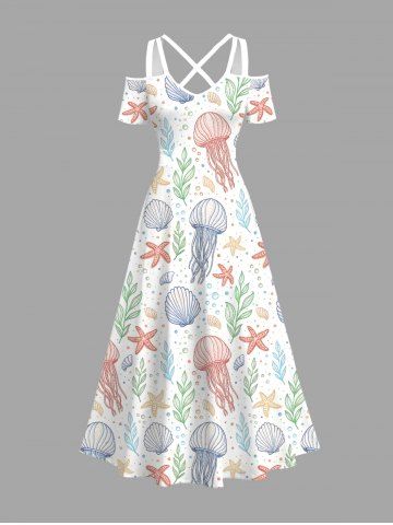 Robe longue hawaïenne à épaules dénudées et bretelles croisées, grande taille, imprimé méduse, coquillage, étoile de mer et feuilles - WHITE - 6X