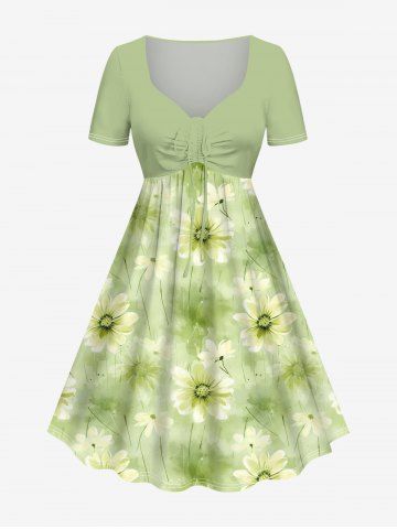 Plus Size Daisy Flowers Print Cinched Hawaii Dress - GREEN - XS