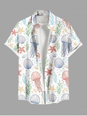 Chemise hawaïenne grande taille pour homme, à imprimé méduse, coquillage, étoile de mer et feuilles, boutons et poche. - WHITE - M
