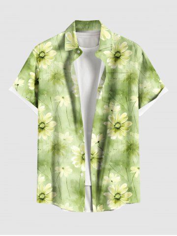 Chemise hawaïenne grande taille à imprimé marguerites, boutons et poches pour homme - GREEN - 4XL