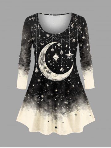 Plus Size Galaxy Moon Star Tassel Print Long Sleeves T-shirt - BLACK - L