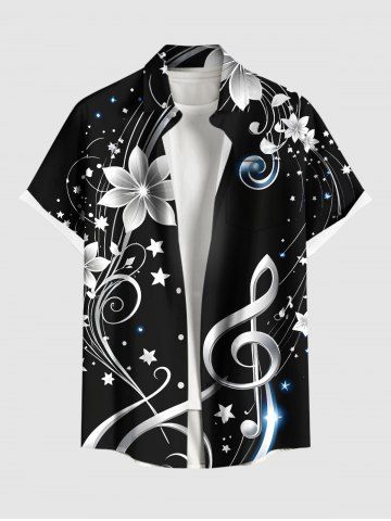Chemise hawaïenne à poches boutons, imprimé fleurs, étoiles et symboles musicaux, grande taille, pour hommes - BLACK - 6XL