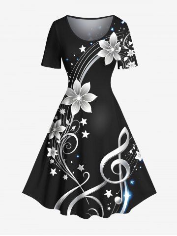 Plus Size Flower Star Music Symbol Print Hawaii A Line Dress - BLACK - 6X